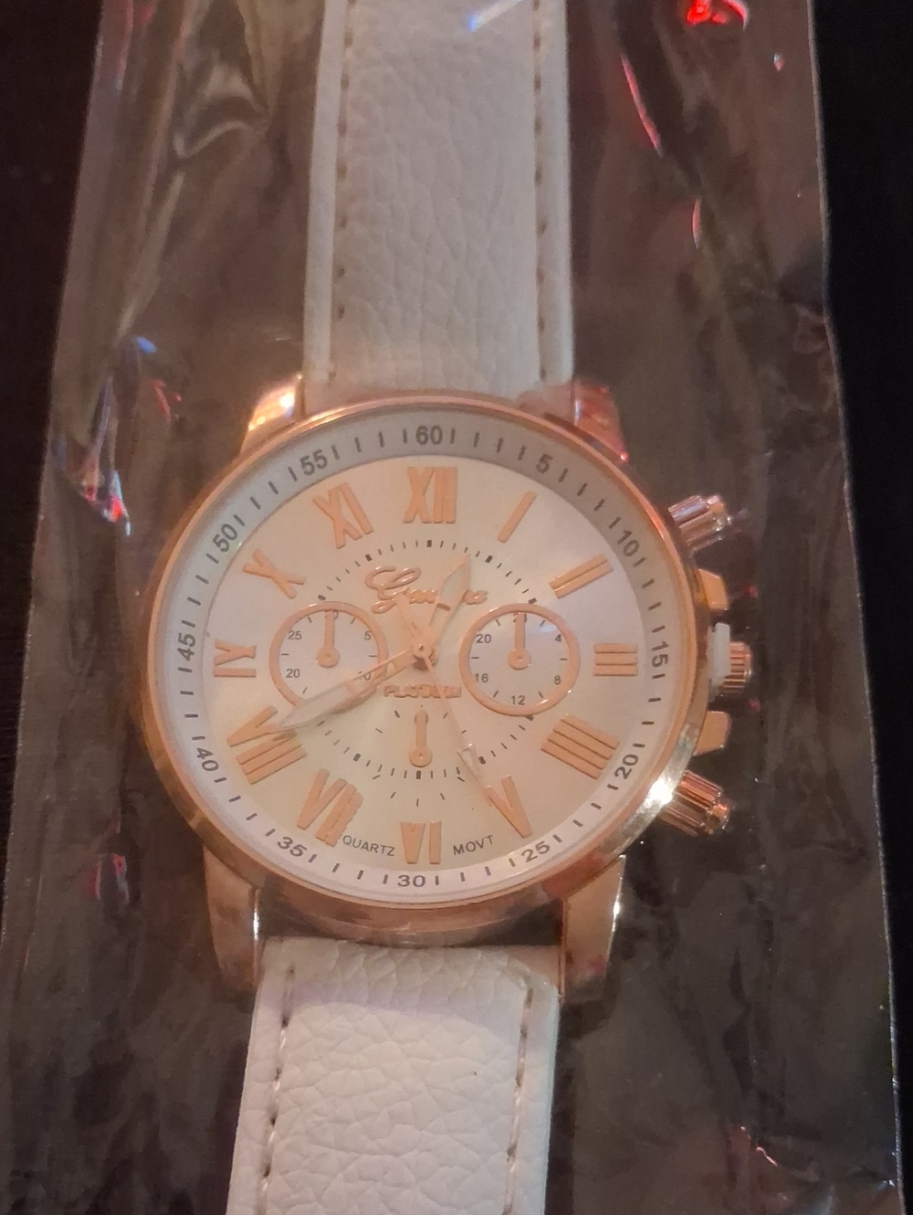 Geneva White Leather Strap Watch with Rose Gold Accents